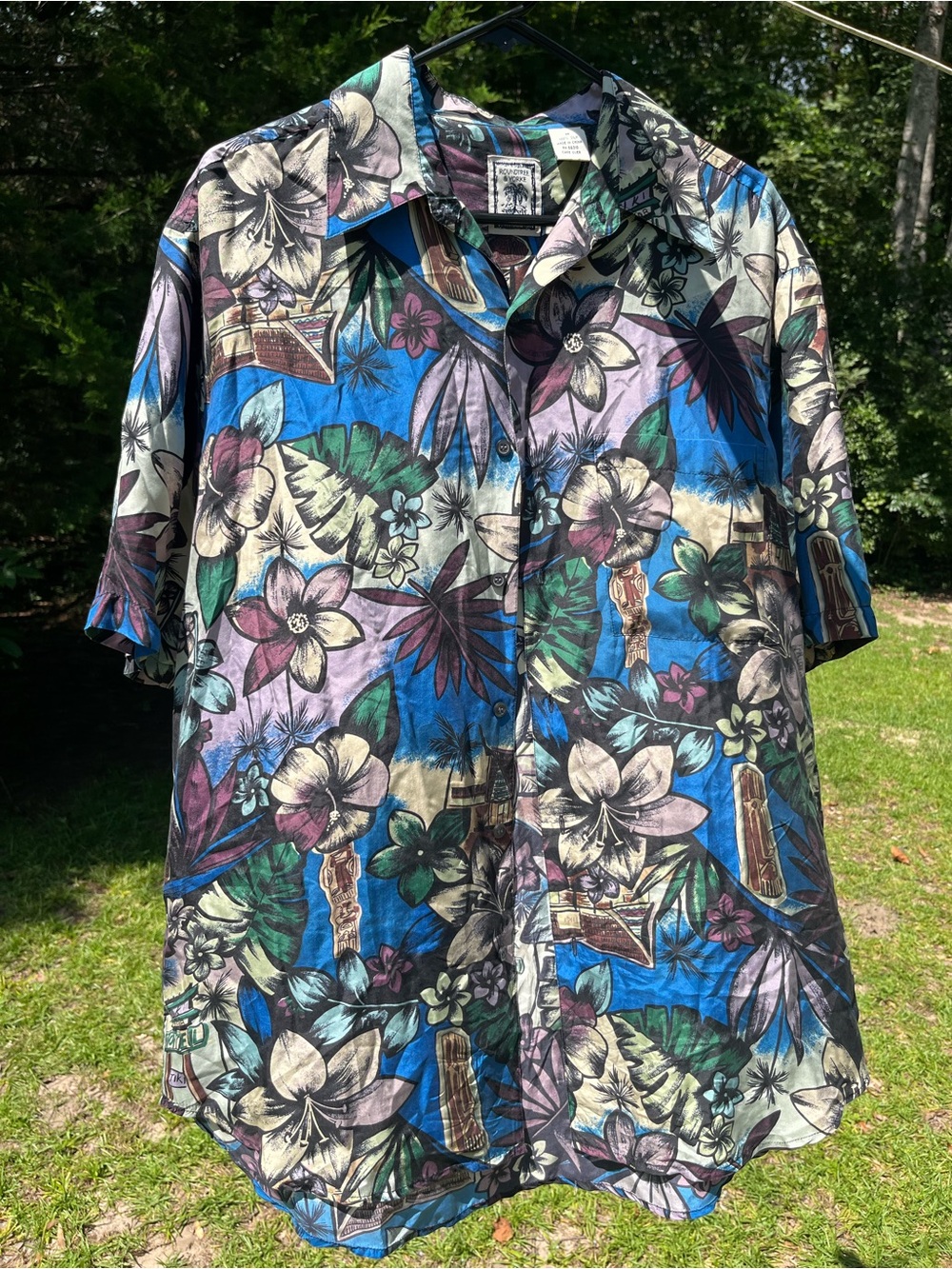 Roundtree & Yorke Silk Blue Multi Floral Hawaiian Button-Down Shirt
